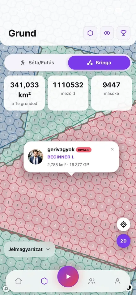 A GRUNDO valódi telefonos térképe, területekkel és hexagonokkal