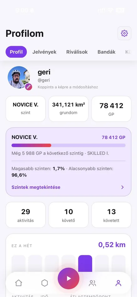 A GRUNDO valódi profilképernyője GP-vel, szinttel és heti aktivitással